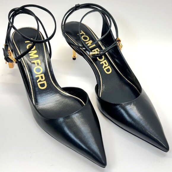 Tom Ford Padlock Black Leather Heels Women Pointed Toe Golden Kitty Heel Size 39 - Picture 5 of 13